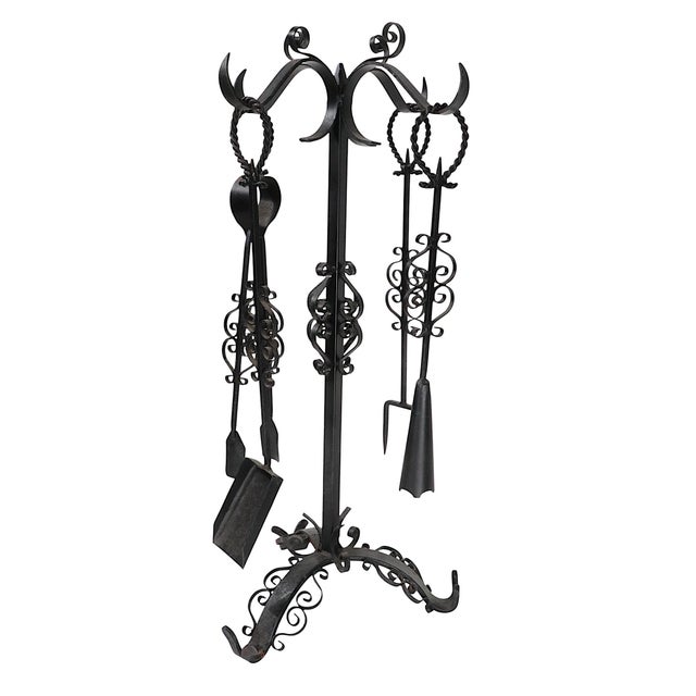 Black Vintage 5 Pc. Wrought Iron Fireplace Tool Set in the Spanish Style For Sale - Image 8 of 8
