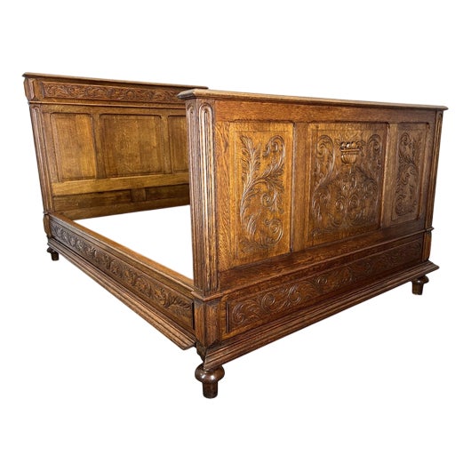 Antique French Style Oak Double Bed Frame with Carved Headboard For Sale