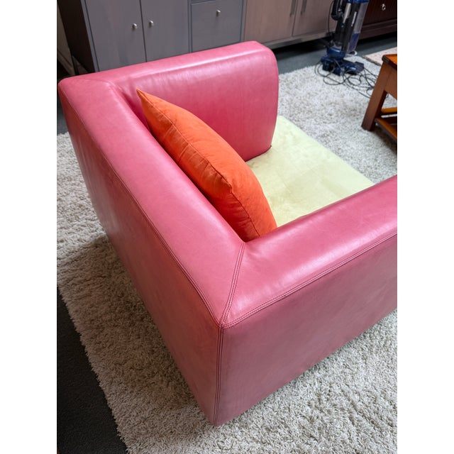 Celery Micro-Suede + Rose Pink Leather Chair + Ottoman For Sale - Image 10 of 12