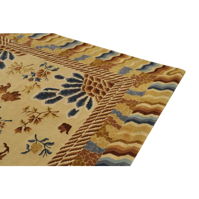 Antique Hooked Rug Gold, Blue and Beige-Brown Chinese Pictorial Style For Sale In New York - Image 6 of 9