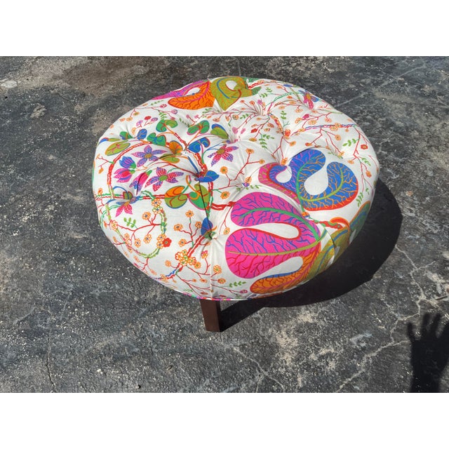 Large Round Ottoman Upholstered in Josef Frank Teheran Linen Fabric For Sale - Image 10 of 12