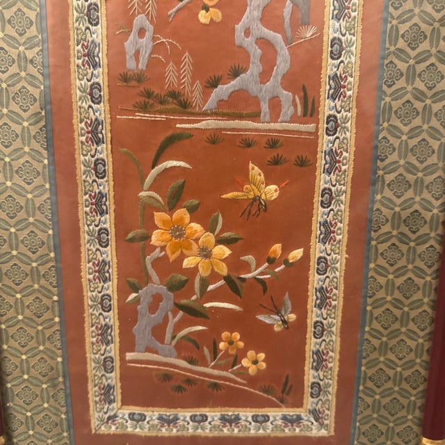 Vintage Asian Silk Embroidery With Bird & Blossoms, Framed in Bamboo-Style Frame For Sale In Nashville - Image 6 of 11