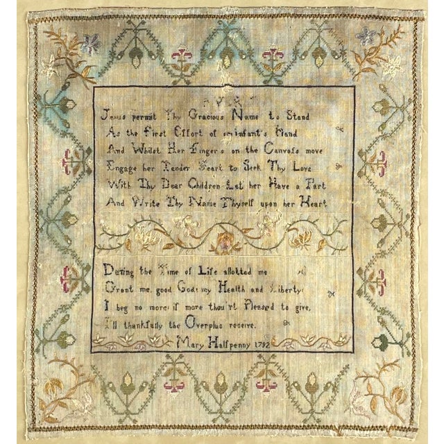Mary Halfpenny 1792 needlework sampler. "Jesus permit Thy Gracious Name to stand" verse surrounded by vines and flower...