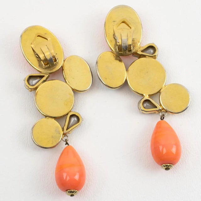1980s Zoe Coste Faux-Coral and AB Crystal Dangle Earrings For Sale - Image 5 of 7