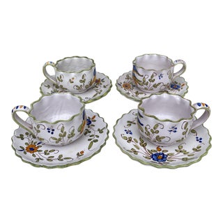1920s French Faience Cups & Saucers - Set of Four For Sale