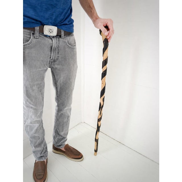 Vintage Hand-Carved Snake Walking Cane in Wood With Black Spiral Folk Art Design For Sale - Image 10 of 12