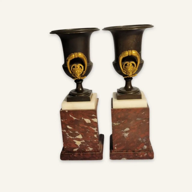 Pair of Mid 19th Century Small Napoleon III Bronze Urns With Doree Mounts and Marble Plinths For Sale - Image 4 of 13