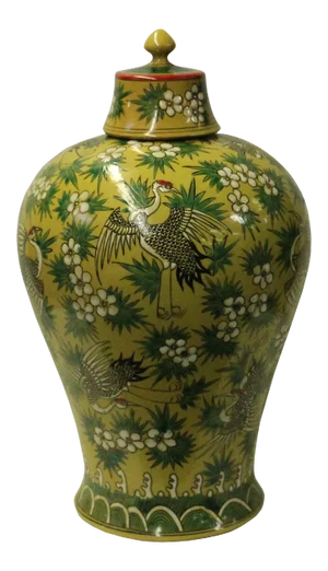 Chinese Yellow White Crane Green Leaves Porcelain Jar