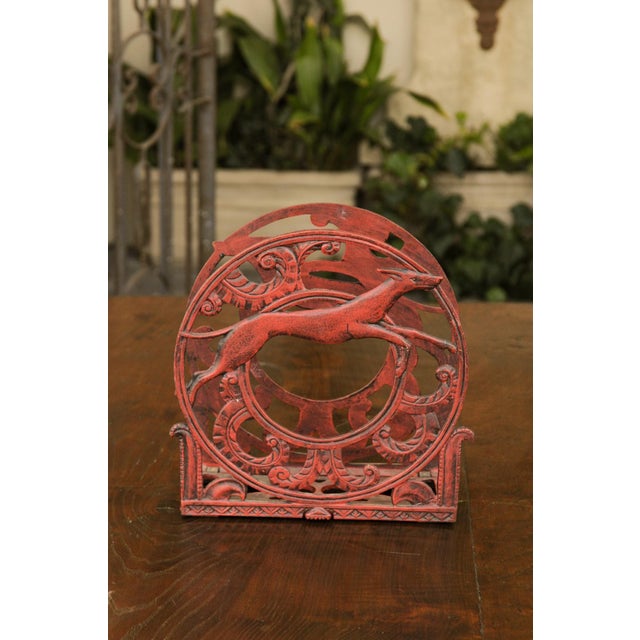 Red English 1930s Red Painted Metal Magazine Rack with Medallions and Greyhounds For Sale - Image 8 of 11