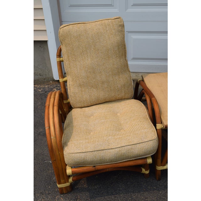 VINTAGE MCM RITTS TROPITAN RATTAN BAMBOO BENTWOOD 3PC CUSTOMIZABLE PATIO SET. This includes 2 chairs and a side table....