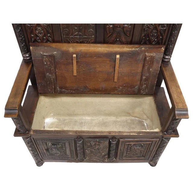 Brown 1800's French Gothic Revival, Carved Oak, Storage ,Tracery, 64”, Hall Bench! For Sale - Image 8 of 10