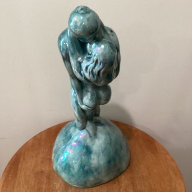 Vintage Art Deco Inspired Ceramic Iridescent Glazed Sculpture" Embracing Couple" Signed Dated For Sale - Image 11 of 12
