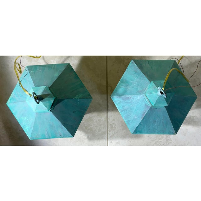 Turquoise Pair of Vintage Solid Brass Hanging Lanterns For Sale - Image 8 of 12