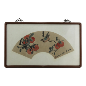 Vintage Chinese Fan Painting Birds and Persimmons Framed Ink and Color on Paper With Calligraphy