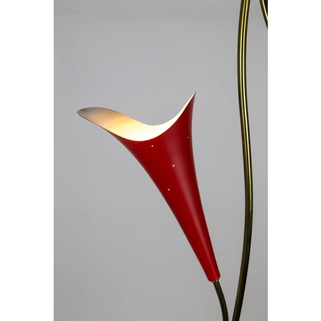 Metal Mid Century 2-Light Pendant With Mint & Red Trumpet Flower Shades & Curved Stem For Sale - Image 7 of 13