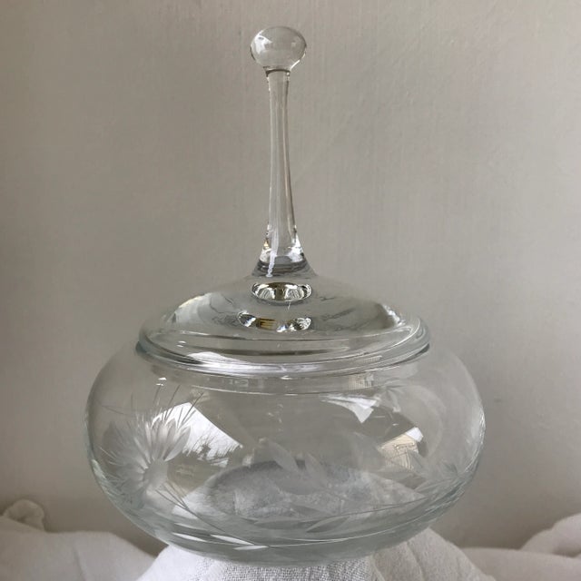 Signed Cone Flower Etched Clear Crystal Covered Candy Dish by Fitzgerald For Sale - Image 13 of 13