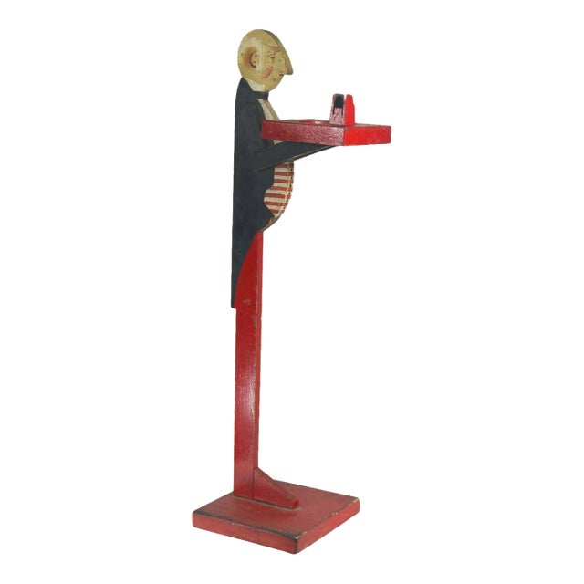 1930s Americana Folk Art Painted Wood Butler Smoking Stand With Tray For Sale