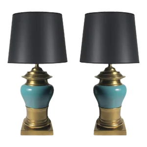 Vintage Stiffel ceramic and Brass Lamps - A Pair