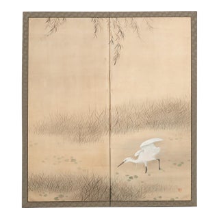 Japanese Meiji Two-Panel Screen With White Heron Under Willow, Signed Houshou, C. 1910 For Sale