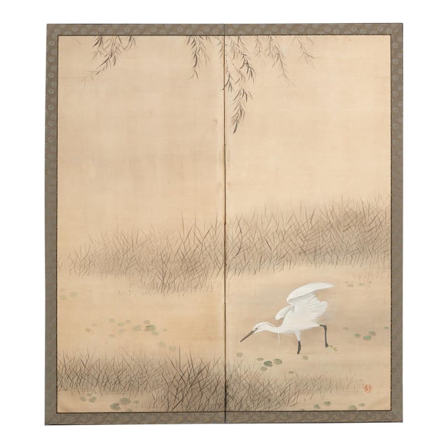Japanese Meiji Two-Panel Screen With White Heron Under Willow, Signed Houshou, C. 1910 For Sale