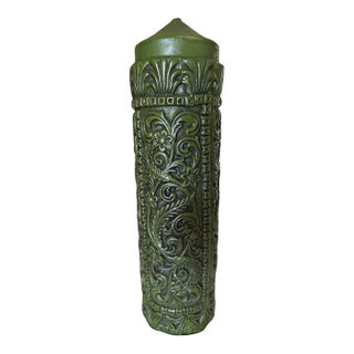 Vintage 60s-70s Carved Dk Olive Green Pillar Candle For Sale