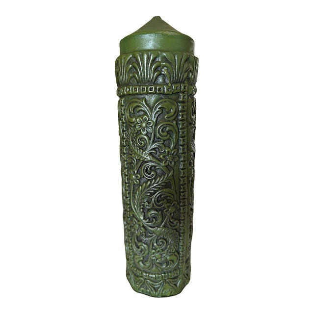 Vintage 60s-70s Carved Dk Olive Green Pillar Candle For Sale