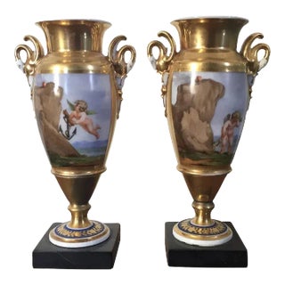 Early 19th Century French Empire Porcelain Vases Decorated with Cupid in Search of the Heart - A Pair For Sale
