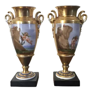 Early 19th Century French Empire Porcelain Vases Decorated with Cupid in Search of the Heart - A Pair