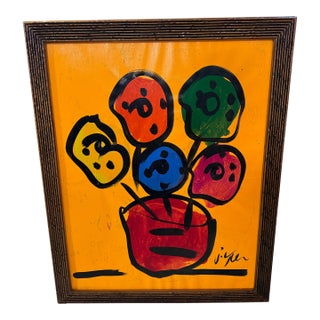 PeterKeil Signed Original Unique Flowers Neon Orange Paper Framed Rare 24x32 For Sale