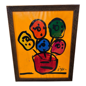 PeterKeil Signed Original Unique Flowers Neon Orange Paper Framed Rare 24x32
