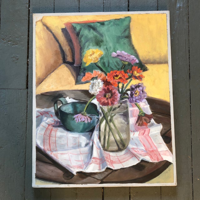 Vintage Original Still Life Painting With Zinnias For Sale In Philadelphia - Image 6 of 6