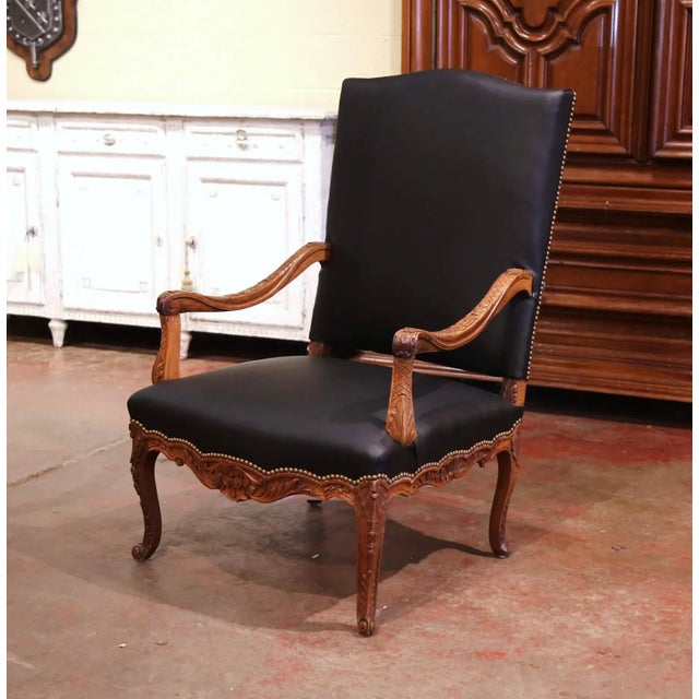 Black 19th Century French Louis XV Carved Walnut Armchair With Black Leather For Sale - Image 8 of 8