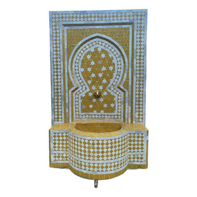 Moroccan Yellow & White Mosaic Tile Fountain / Rafraf Style For Sale