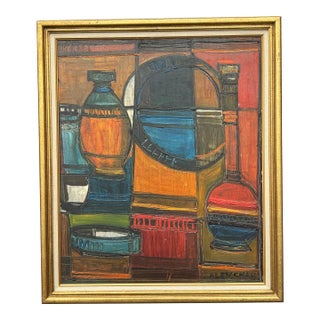 Mid 20th C. Cubist Still Life - Original Oil on Board in Period Frame For Sale