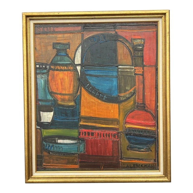 Mid 20th C. Cubist Still Life - Original Oil on Board in Period Frame For Sale