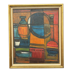 Mid 20th C. Cubist Still Life - Original Oil on Board in Period Frame