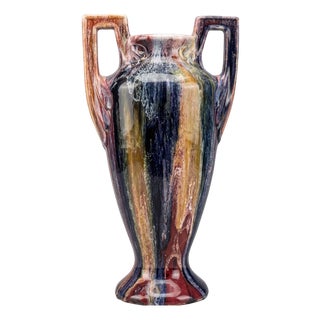 Large French Art Deco Polychrome Flambé Glazed Ceramic Vase with Handles from Elgé, 1940s For Sale