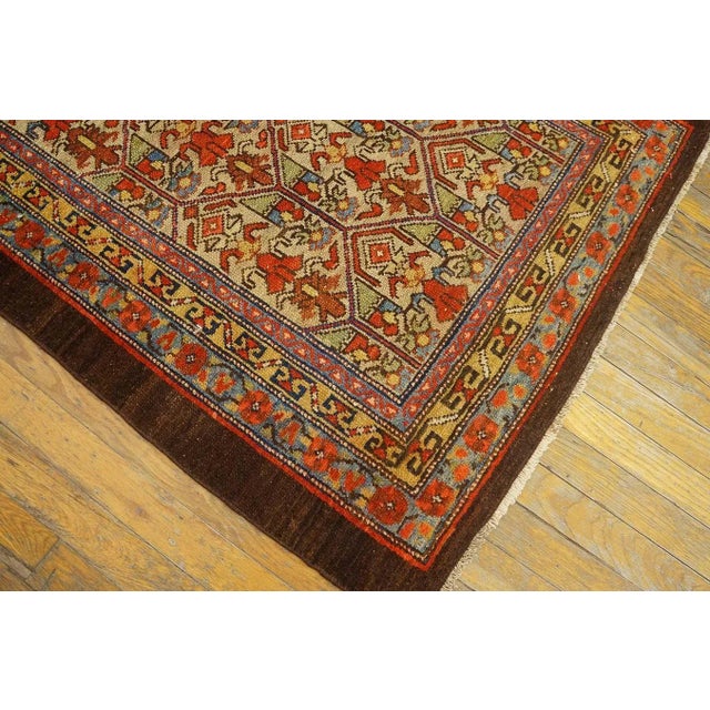 Textile Happy and Inviting Tan Background Rustic Tribal Geometric Grid Design Antique 19th Century Persian Serab / Malayer Scatter Rug For Sale - Image 7 of 9