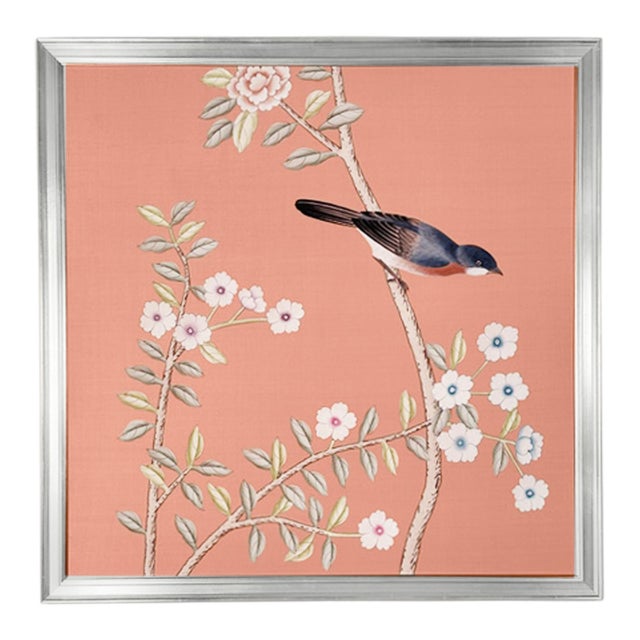 Chinoiserie Silk Wallpaper Panel Diptych on Pink Silk, Bluebird & Blossoms Framed in Silver Gilt Moulding For Sale - Image 3 of 5