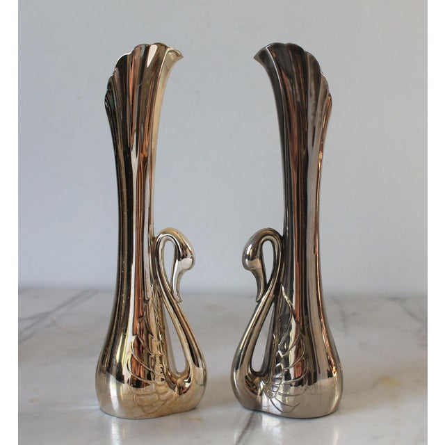 Mid 20th Century Vintage Silver-Tone Swan Bud Vases S/3 For Sale - Image 5 of 12