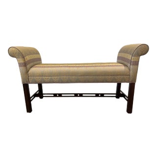 Vintage Ethan Allen Chippendale Style Rolled Arm Bench / Window Seat / Ethan Allen Bedroom Bench For Sale