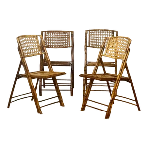 Set of 4 Mid 20th Century Tortoise Shell Style Burnt Bamboo Folding Chairs