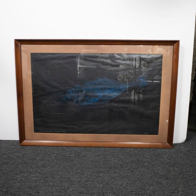 Modern Post-War Fish Monoprint composed of blue ink on black paper. Signed at bottom right "Mury" and titled at bottom...