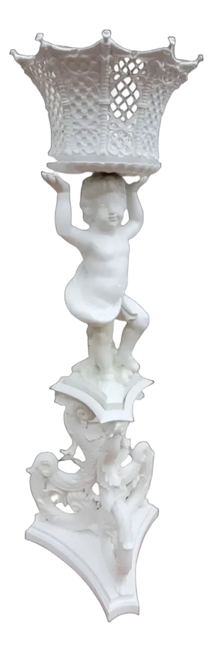 Antique Italian Rococo Style White Capodimonte-Style Cherub Putti Figural Plant Stand / Pedestal Sculpture