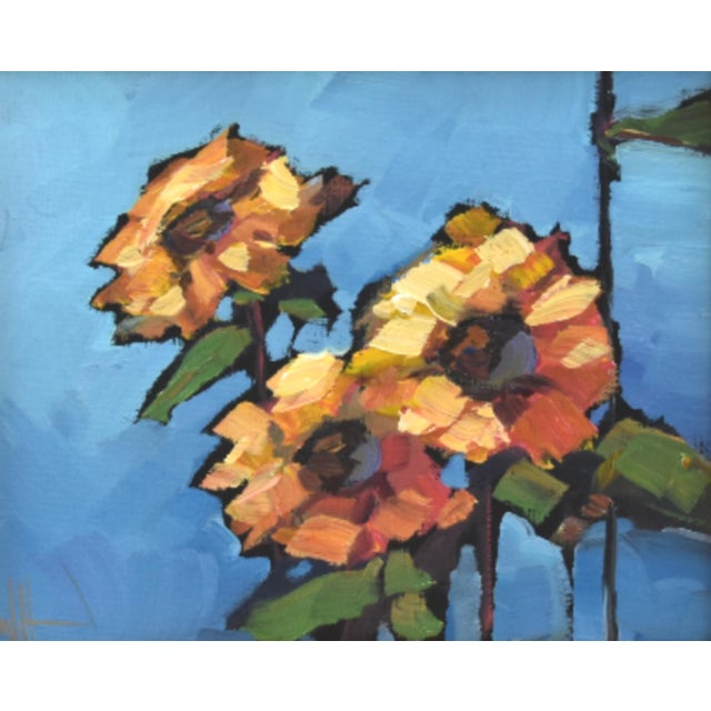 Abstract William Hawkins Summer Sunflowers Floral Oil Painting Including the Antiqued Gold Wood Frame For Sale - Image 3 of 5