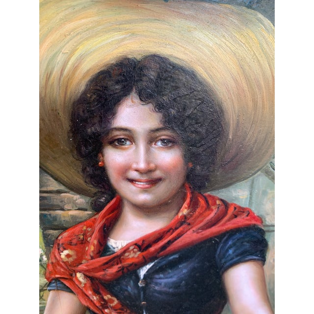 Figurative Vintage Original Oil Painting Romantic Flower Girl With Roses, Oval Presentation in Custom Fabric Mount For Sale - Image 3 of 9