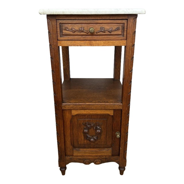 Antique French Oak Bedside Table with Marble Top For Sale
