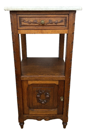 Antique French Oak Bedside Table with Marble Top