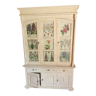 Distressed Antique White French Country Style China Cupboard Hutch With Shelves and Drawers For Sale