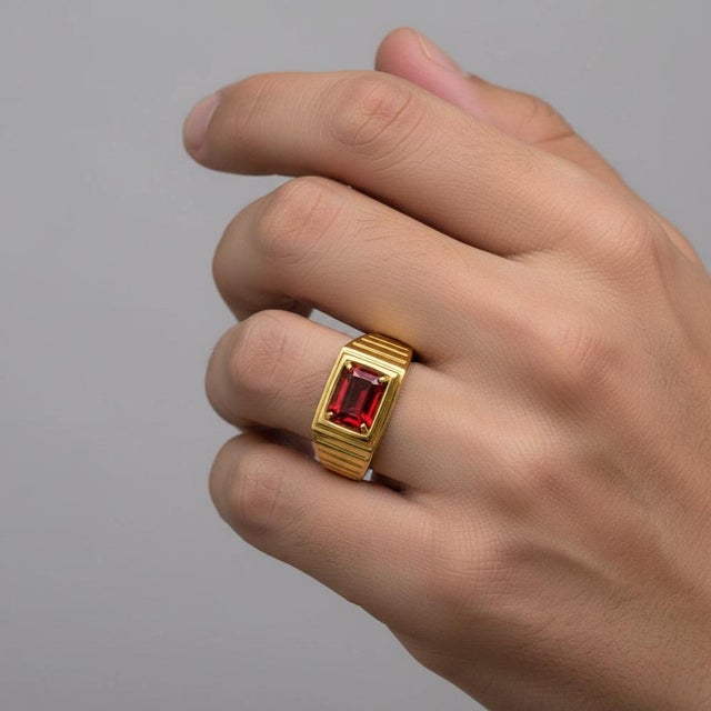 Not Yet Made - Made To Order Art Deco Signet Ring for Men With Garnet, Silver, Gold, Size 10 For Sale - Image 5 of 5
